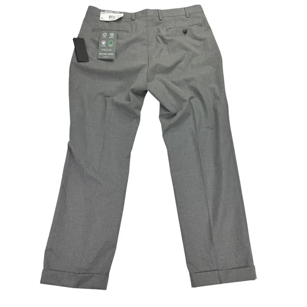 Michael Kors Mens Pleated Cuffed Solid Classic Fit Stretch Pants Gray 35x30
